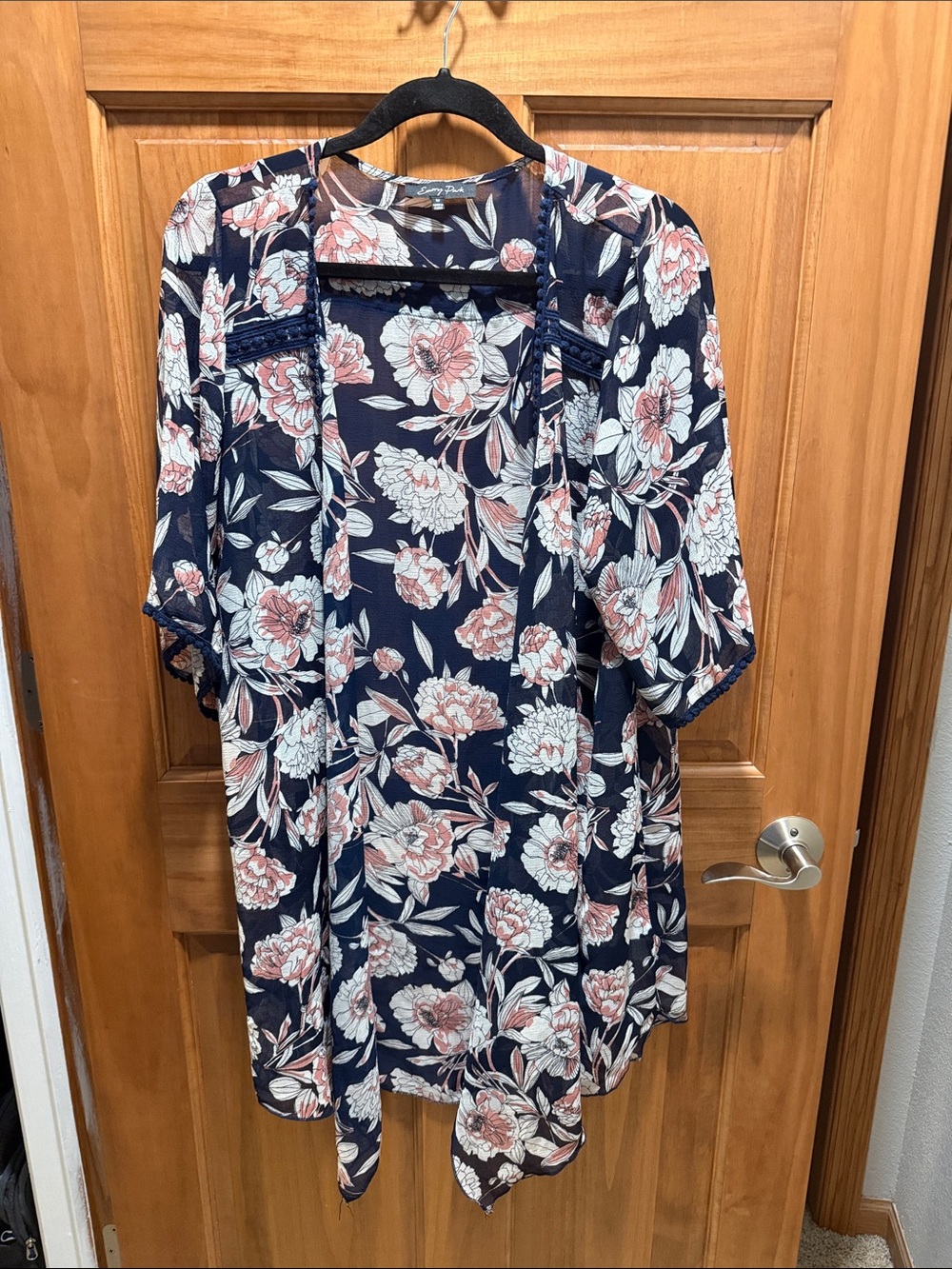 Navy Floral Kimono Cardigan with Pink & White Blooms size medium